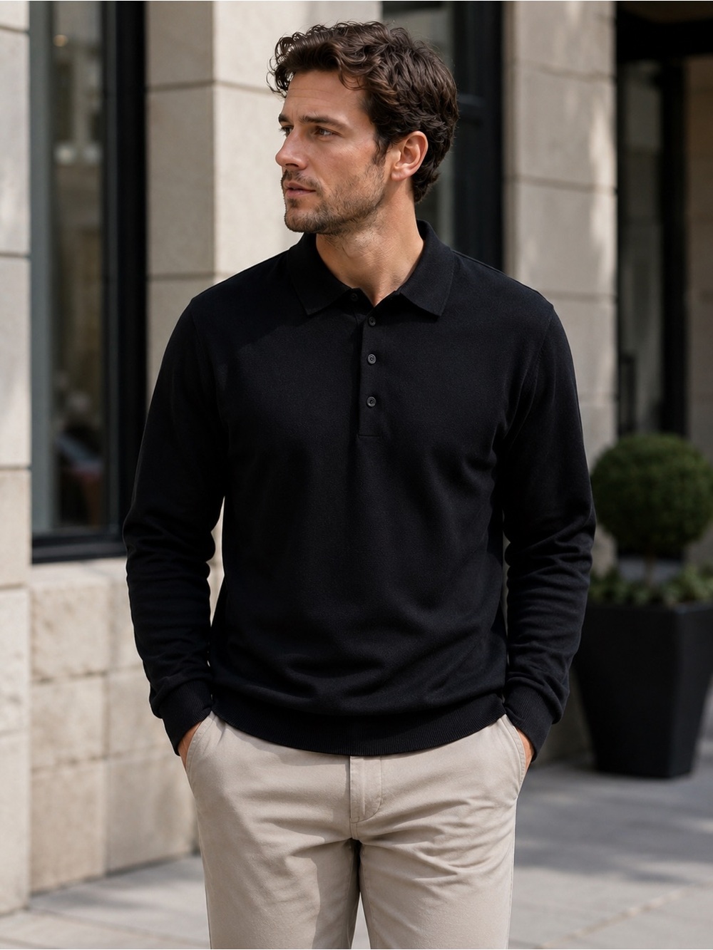 AUTOGRAPH 100 % Extra Fine Merino Wool Black Knit Polo Sweater Size XL